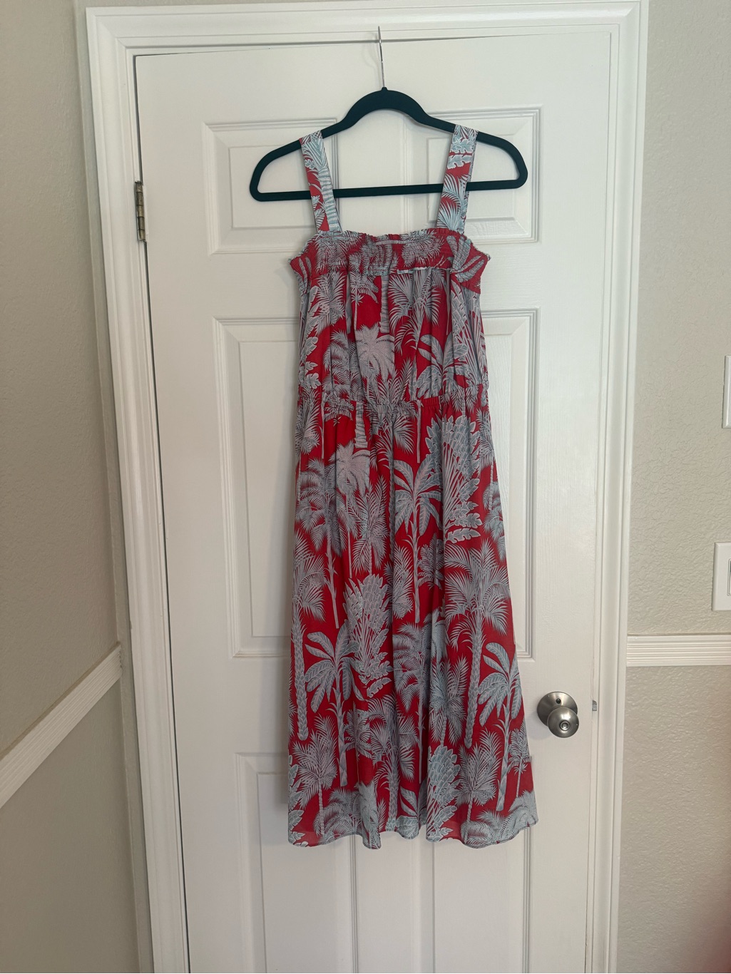 Talbots Red Sleeveless Smocked-Neck Maxi Dress With Leaf Print